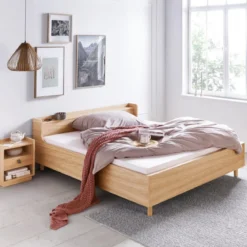Lit avec tête de lit incurvée et pieds en bois massif 160x200 - LT0079