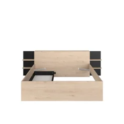 Lit avec tête de lit rangement et tiroir de lit bois naturel et noir