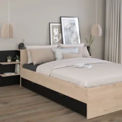 Lit avec tête de lit rangement et tiroir de lit bois naturel et noir