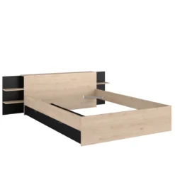Lit avec tête de lit rangement et tiroir de lit bois naturel et noir