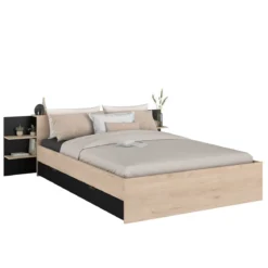 Lit avec tête de lit rangement et tiroir de lit bois naturel et noir