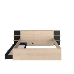 Lit avec tête de lit rangement et tiroir de lit bois naturel et noir