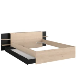 Lit avec tête de lit rangement et tiroir de lit bois naturel et noir
