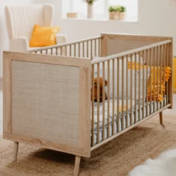 Lit bébé à barreaux en bois imprimé cannage - LT7085