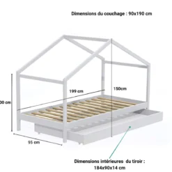 Lit cabane enfant avec tiroir en bois 90x190 - LT14006