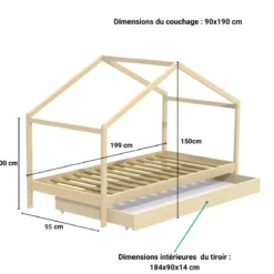 Lit cabane enfant avec tiroir en bois 90x190 - LT14006