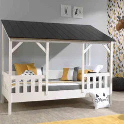 Lit cabane enfant avec toit en bois 90x200