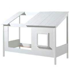 Lit cabane enfant avec toit et fenêtre en bois blanc 90x200