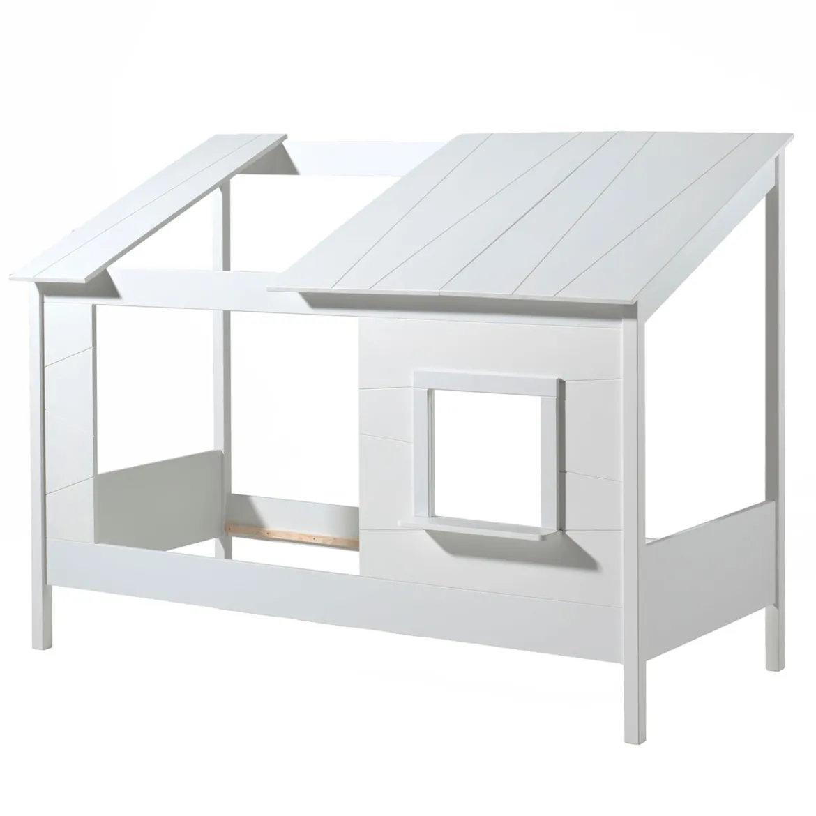 Lit cabane enfant avec toit et fenêtre en bois blanc 90x200