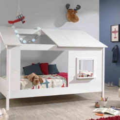 Lit cabane enfant avec toit et fenêtre en bois blanc 90x200