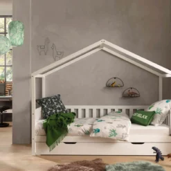 Lit cabane enfant à barreaux en bois massif 90x200 avec tiroir de lit - LT2025
