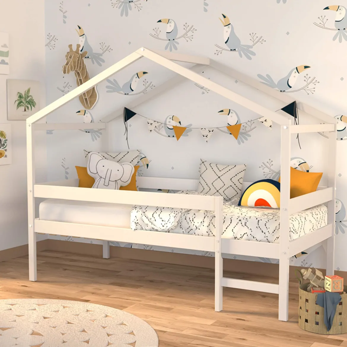 Lit cabane enfant bois blanc laqué 90x190 - LT14054