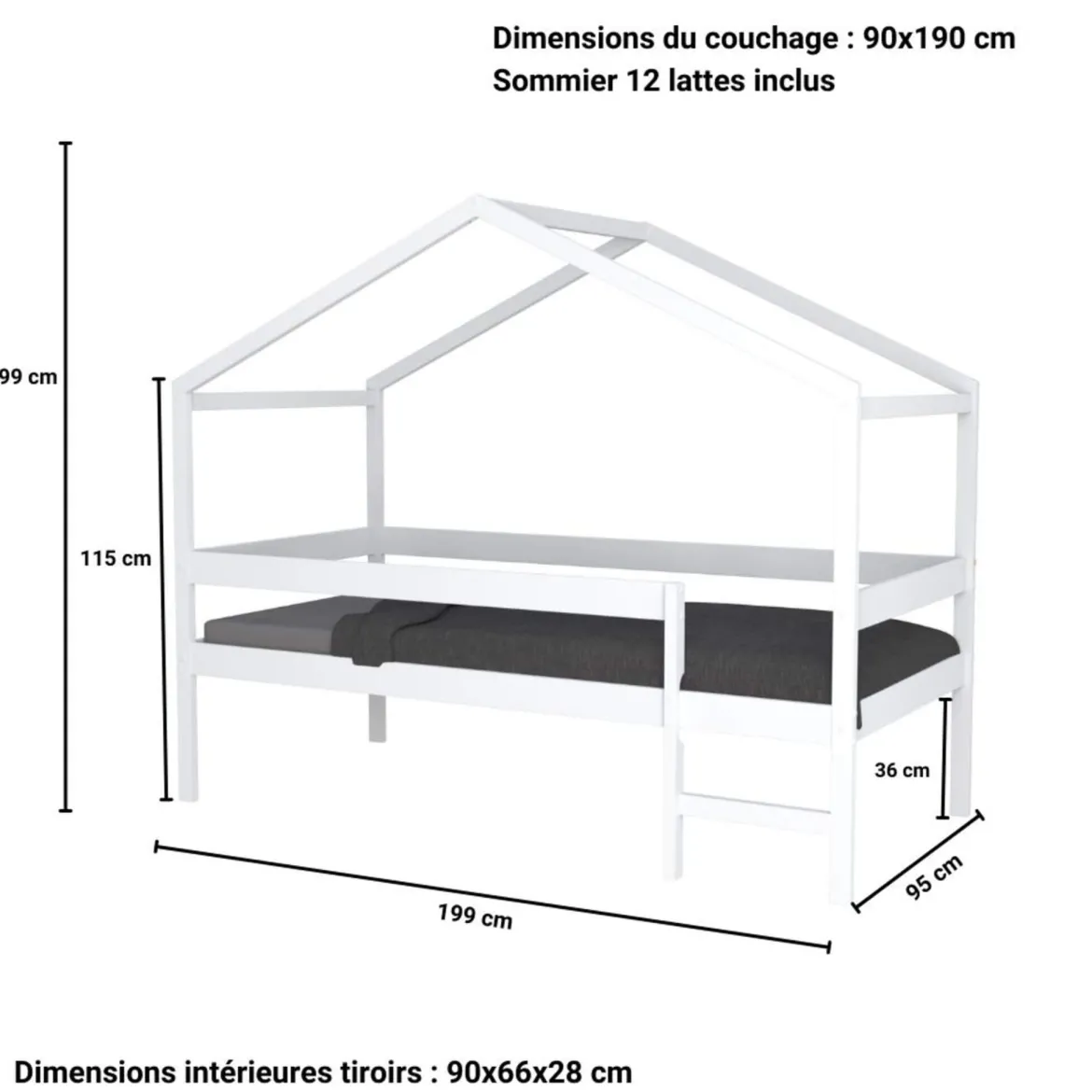 Lit cabane enfant bois blanc laqué 90x190 - LT14054