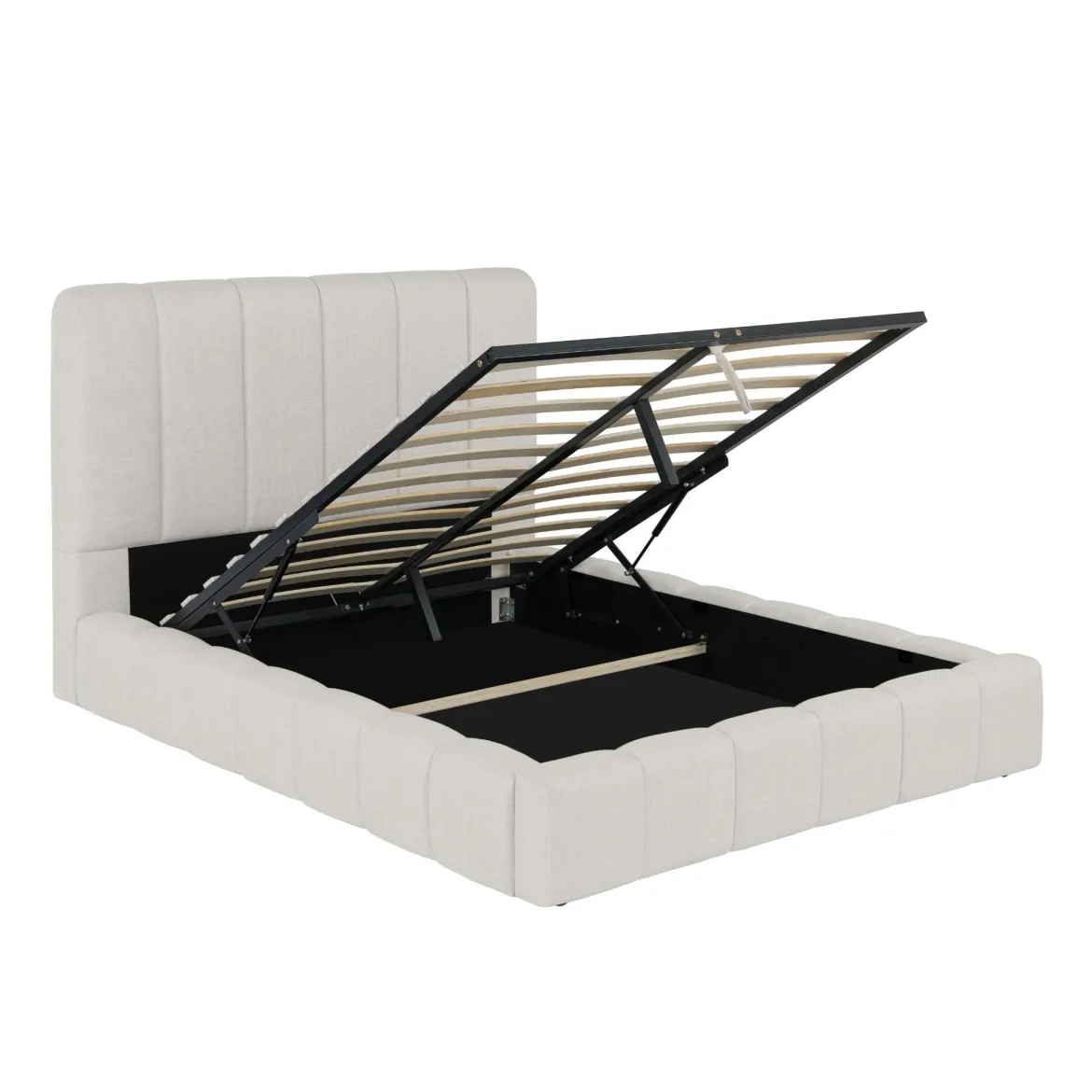 Lit coffre en tissu avec tête de lit beige
