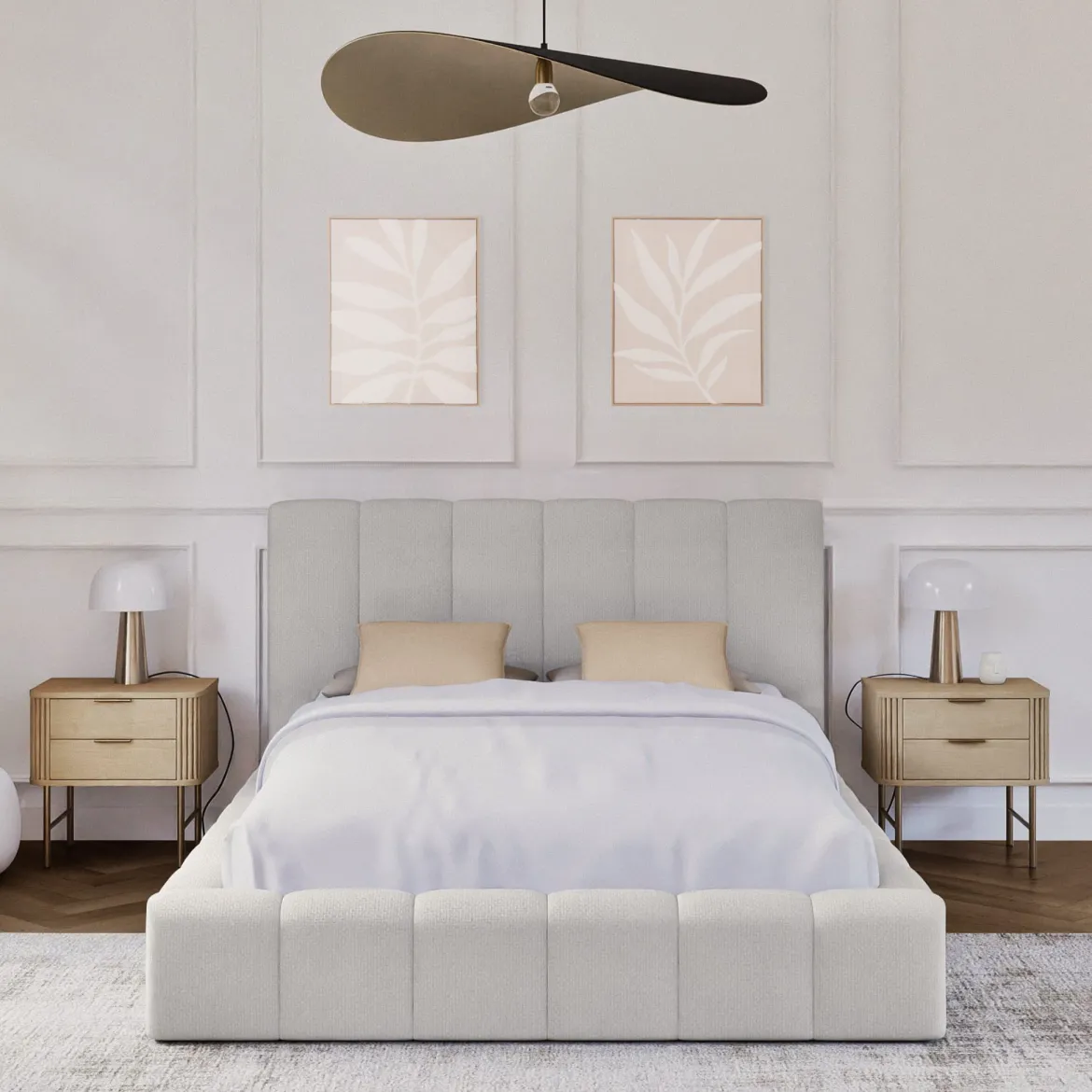 Lit coffre en tissu avec tête de lit beige