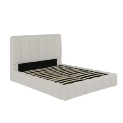 Lit coffre en tissu avec tête de lit beige