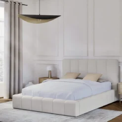Lit coffre en tissu avec tête de lit beige
