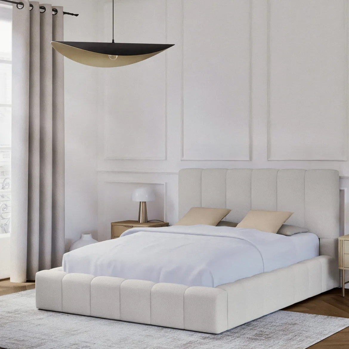 Lit coffre en tissu avec tête de lit beige