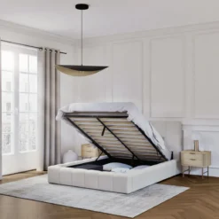 Lit coffre en tissu avec tête de lit beige