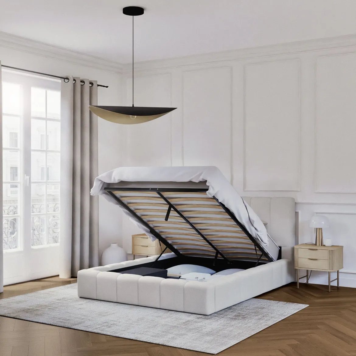 Lit coffre en tissu avec tête de lit beige