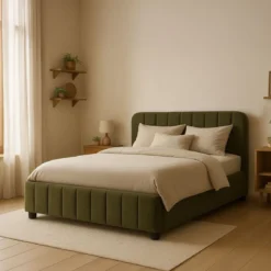 Lit coffre en velours avec tête de lit rembourrée