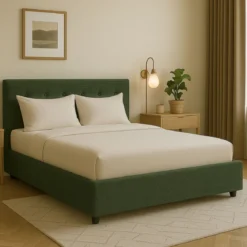 Lit coffre en velours côtelé grosses côtes avec tête de lit capitonnée