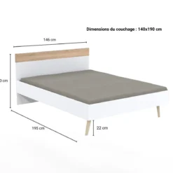 Lit double 140x190cm, blanc et chêne blanchi