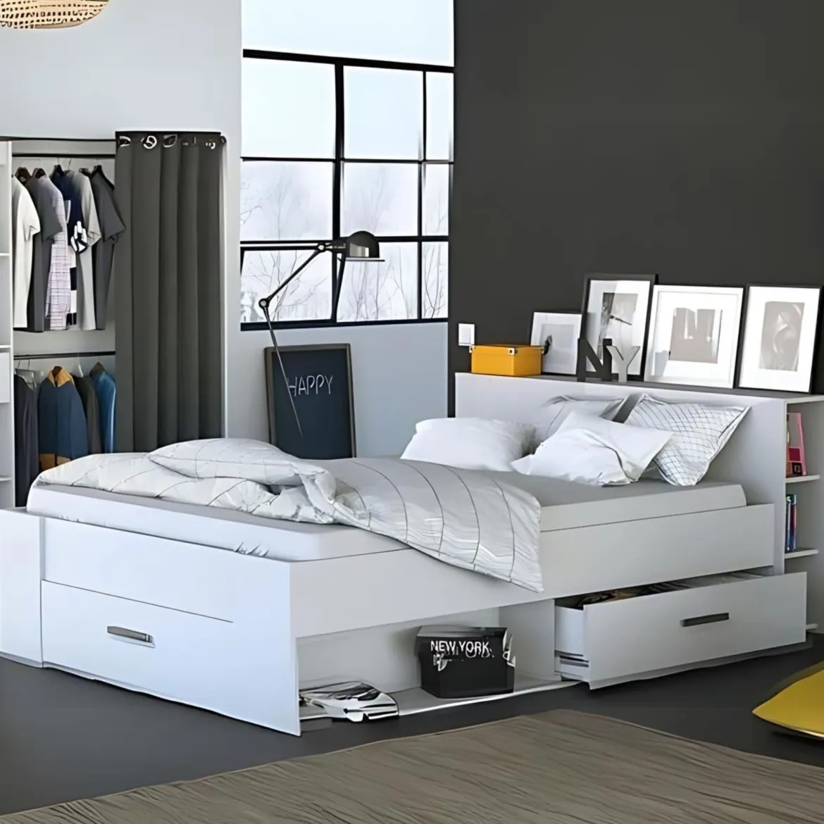 Lit en bois avec tiroir blanc perle - LT177