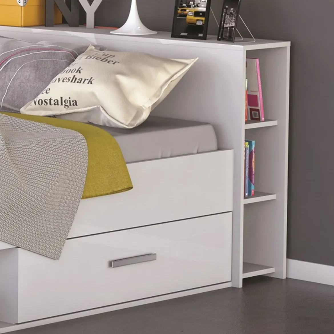 Lit en bois avec tiroir blanc perle - LT177