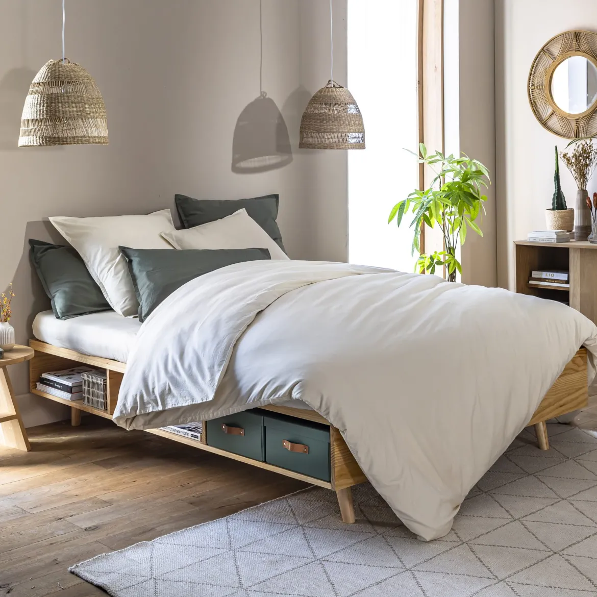 Lit en bois massif naturel avec rangements - LT17024