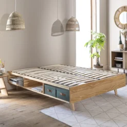 Lit en bois massif naturel avec rangements - LT17024