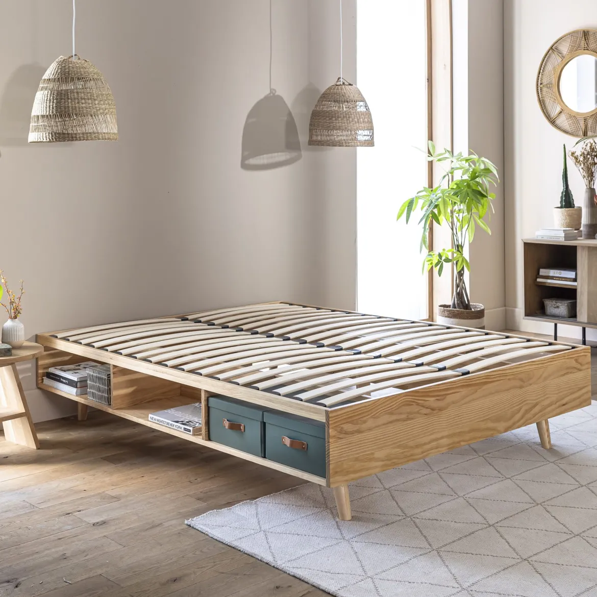 Lit en bois massif naturel avec rangements - LT17024