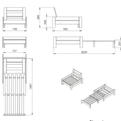 Lit enfant mezzanine avec fauteuil convertible en bois massif 90x200 cm - LT2045