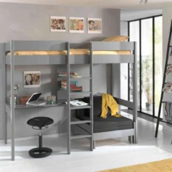 Lit enfant mezzanine avec fauteuil convertible en bois massif 90x200 cm - LT2045