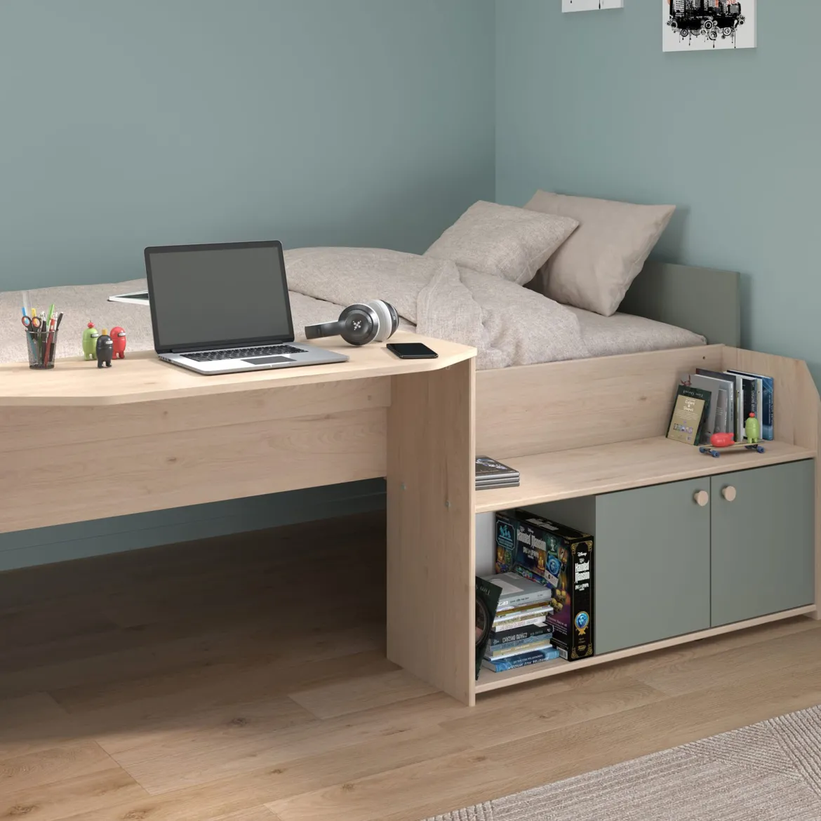 Lit enfant 90x190/200 avec bureau et rangements bicolore
