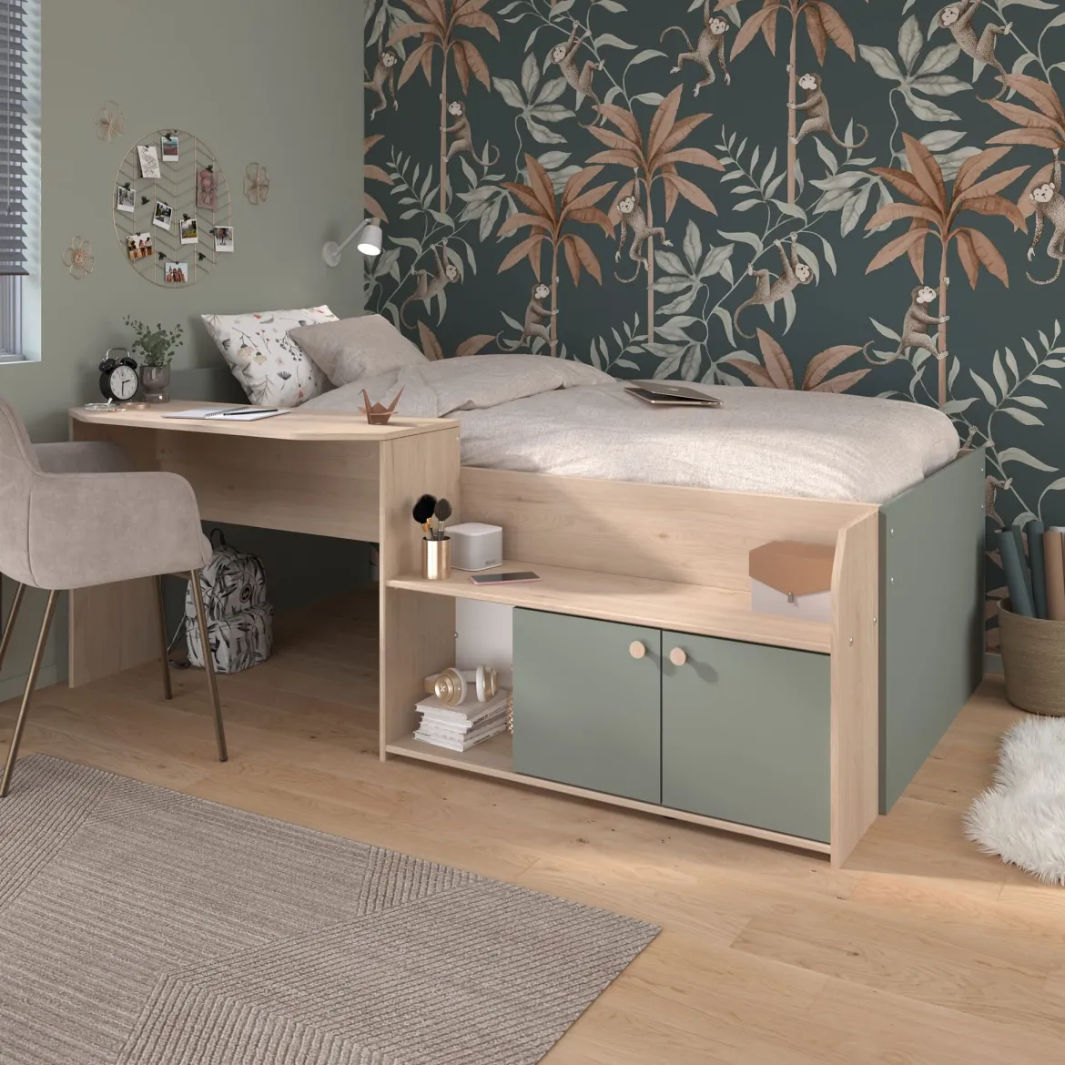 Lit enfant 90x190/200 avec bureau et rangements bicolore