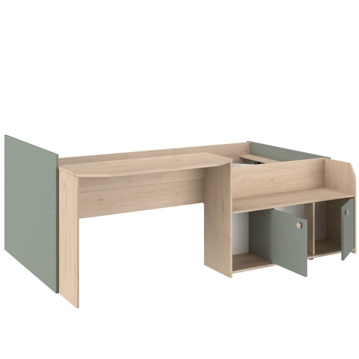 Lit enfant 90x190/200 avec bureau et rangements bicolore