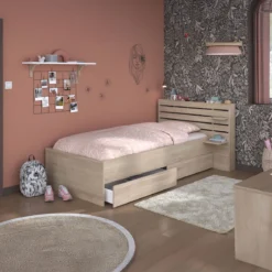 Lit enfant 90x190/200 chevet et tiroirs inclus bois naturel CLEM
