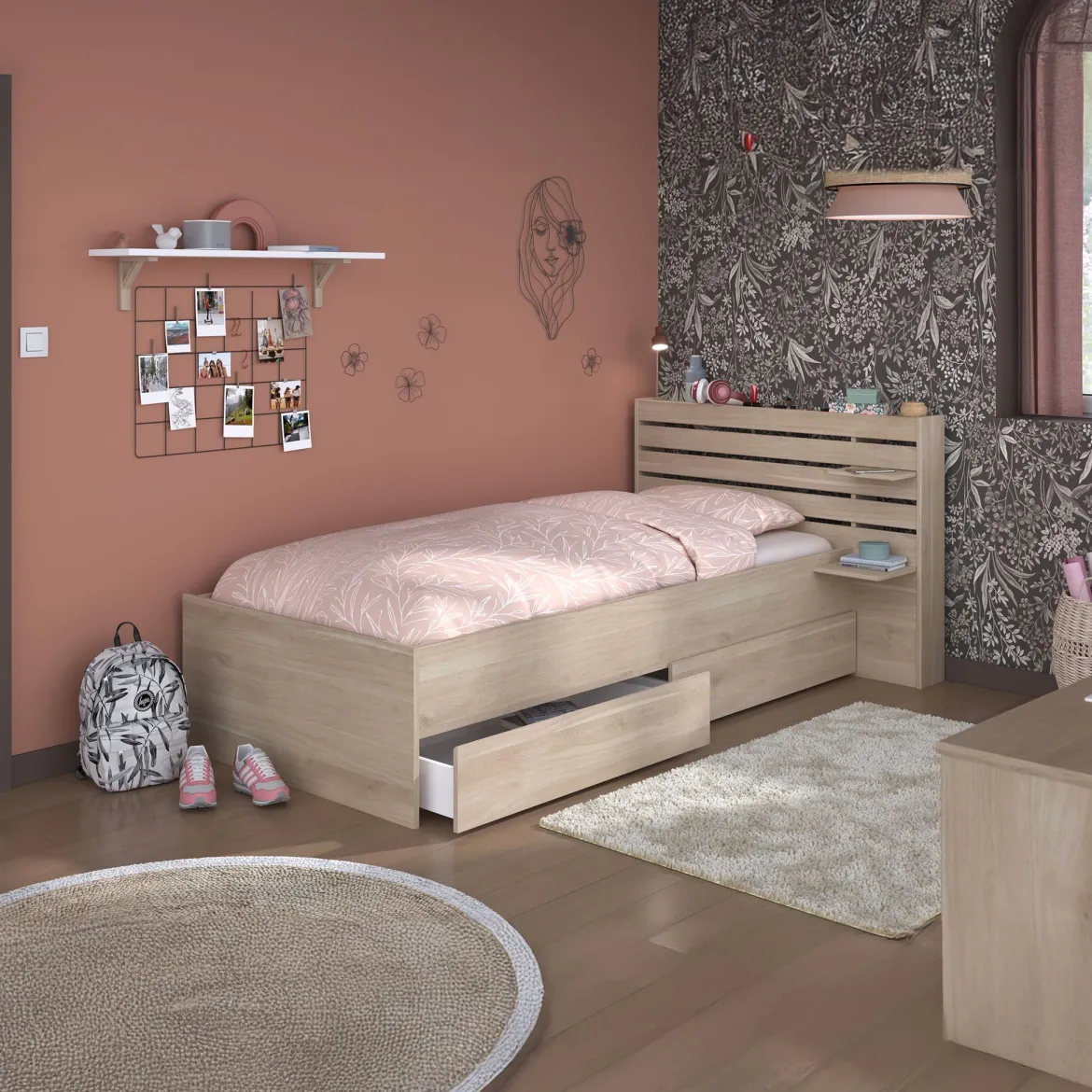 Lit enfant 90x190/200 chevet et tiroirs inclus bois naturel CLEM