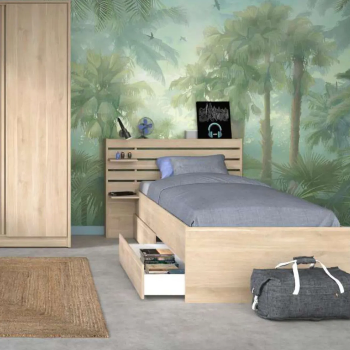 Lit enfant 90x190/200 chevet et tiroirs inclus bois naturel CLEM