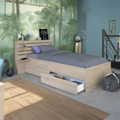 Lit enfant 90x190/200 chevet et tiroirs inclus bois naturel CLEM