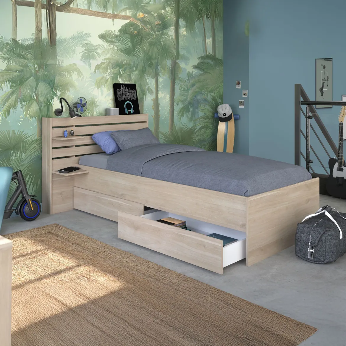 Lit enfant 90x190/200 chevet et tiroirs inclus bois naturel CLEM
