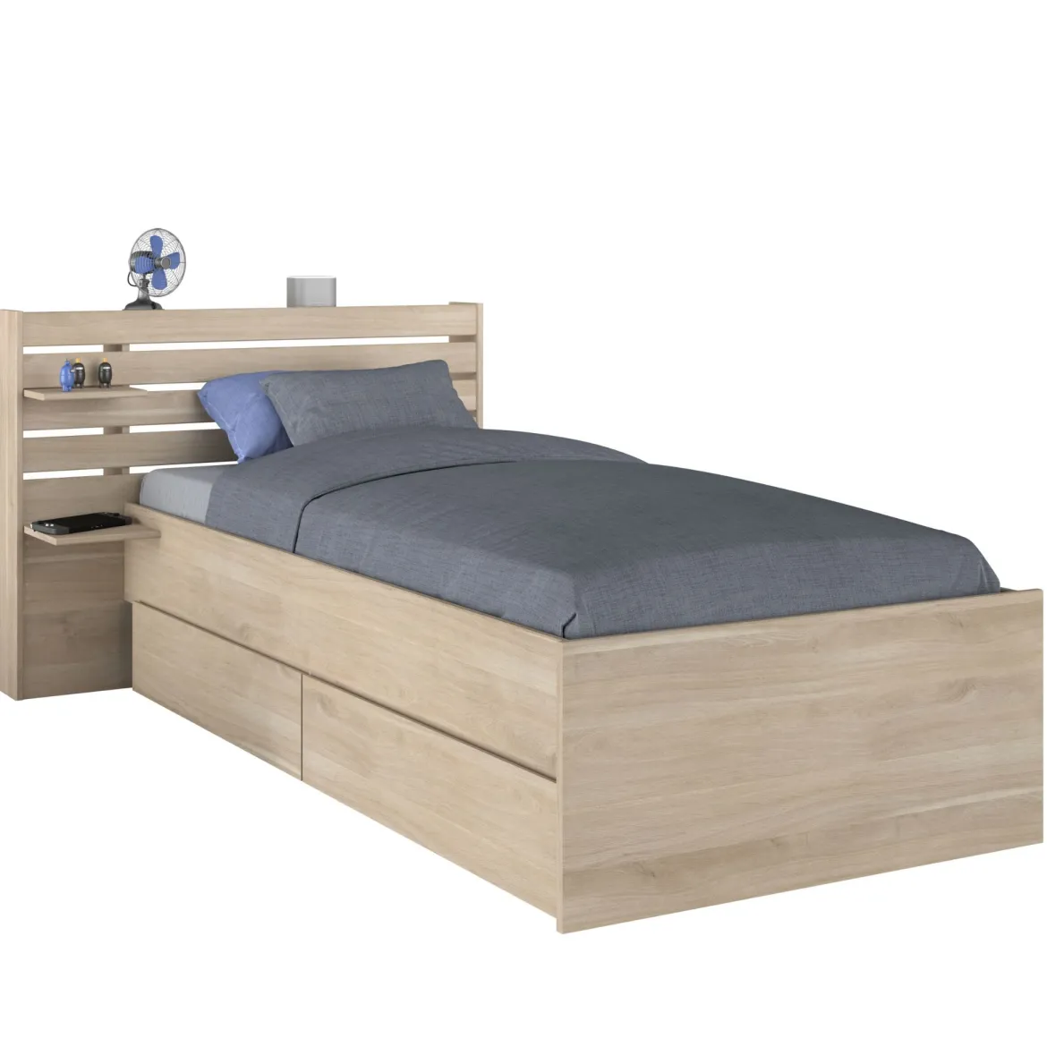 Lit enfant 90x190/200 chevet et tiroirs inclus bois naturel CLEM