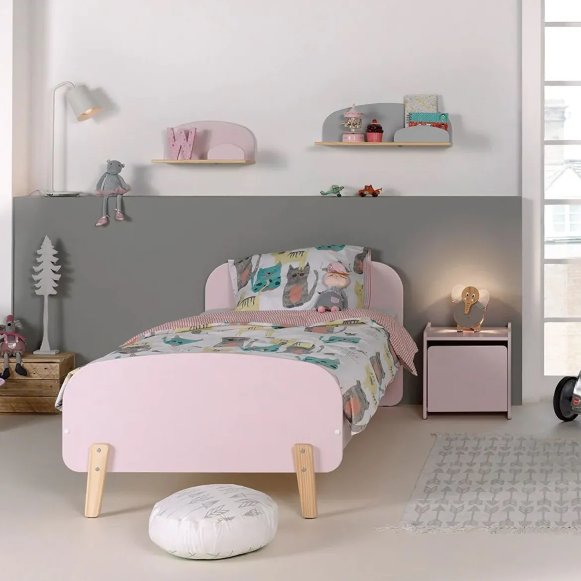 Lit enfant 90x200 rose avec sommier - Terre de Nuit