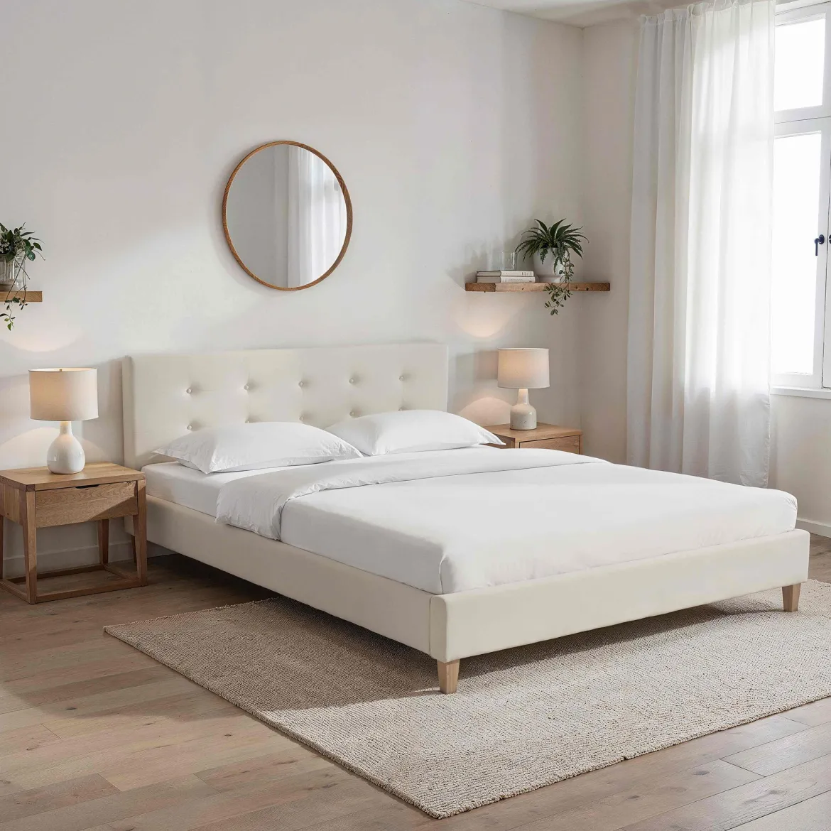Lit en velours avec pieds en bois