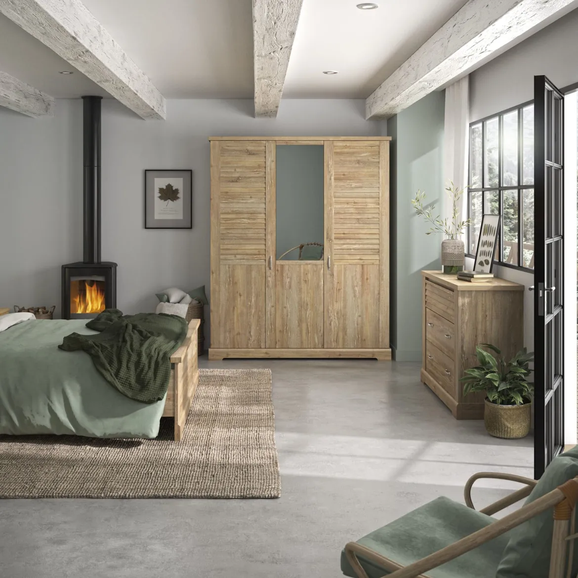 Lit et armoire en bois clair - LT5079