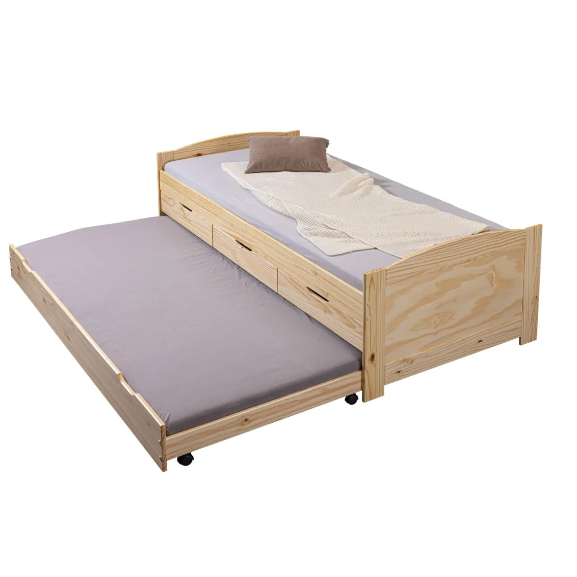 Lit gigogne 3 tiroirs en bois massif imitation chêne clair 90x200 - LT12006
