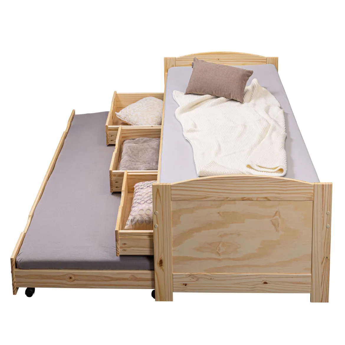 Lit gigogne 3 tiroirs en bois massif imitation chêne clair 90x200 - LT12006