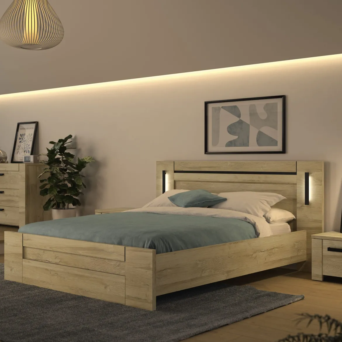 Lit led sensitive avec 2 chevets en bois clair - LT5082
