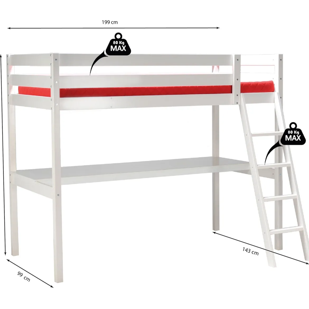 Lit mezzanine avec bureau en bois 90x190 - LT14038